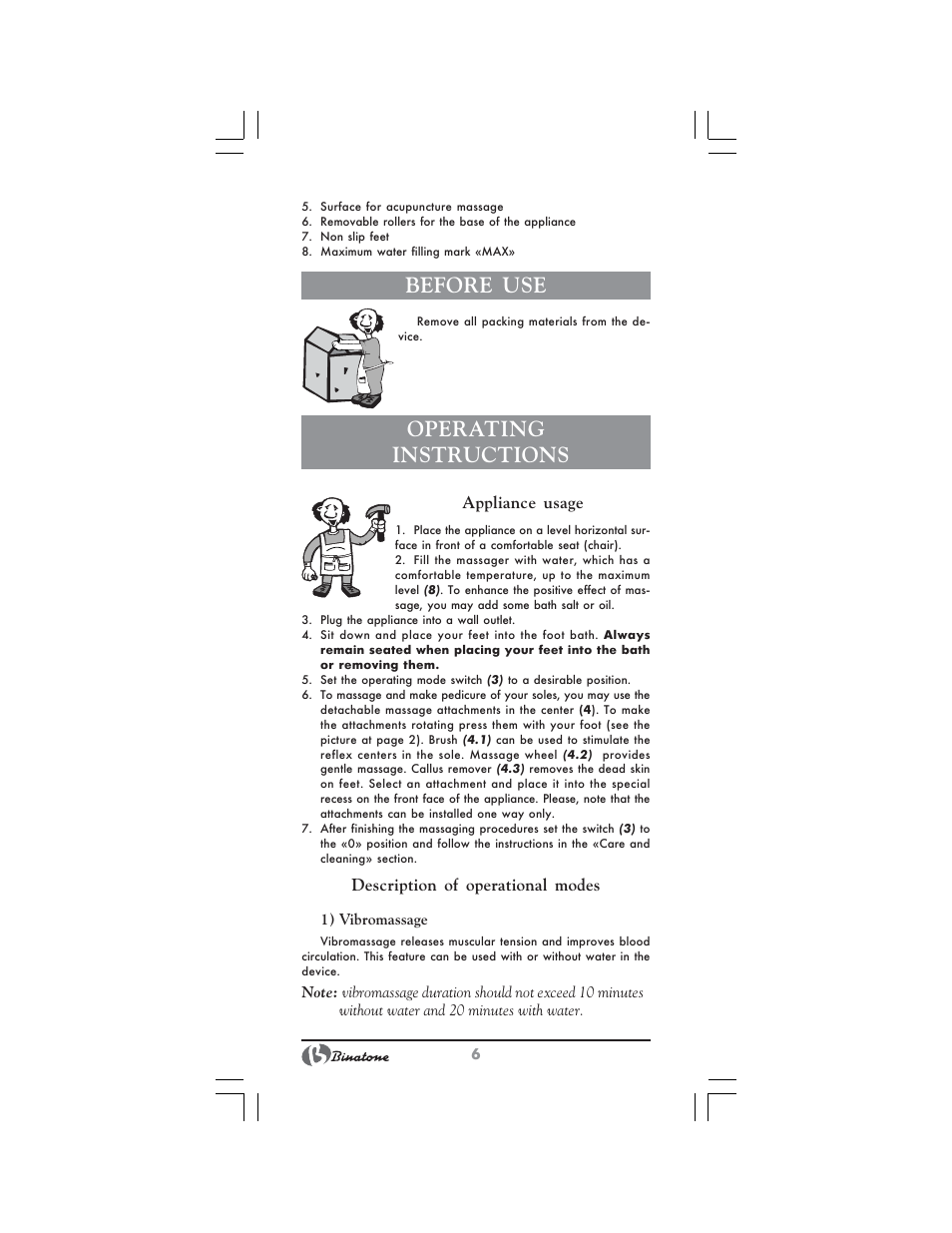 Before use, Operating instructions | Binatone FBM-316 User Manual | Page 6 / 28