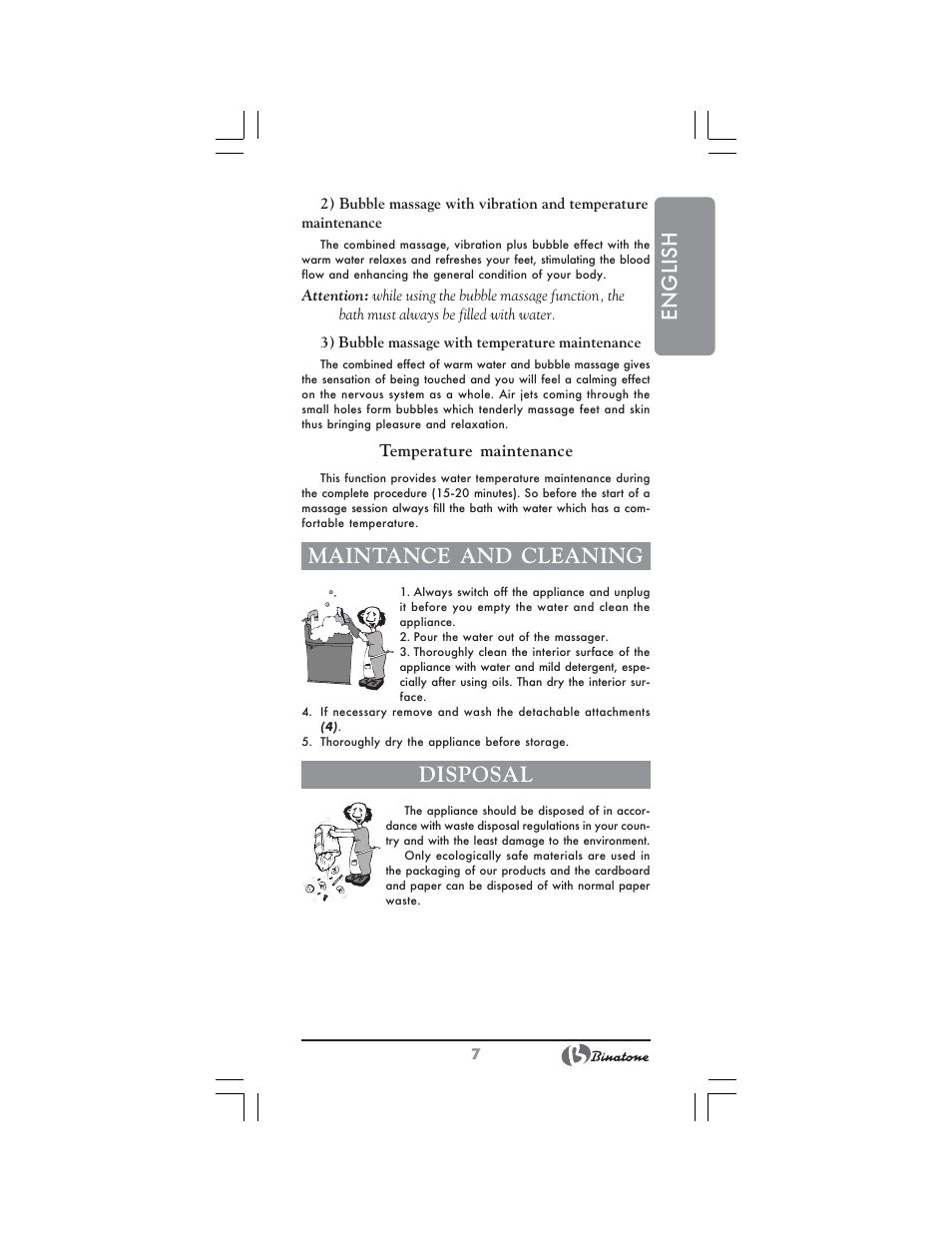 English, Maintance and cleaning, Disposal | Binatone FBM-316 User Manual | Page 7 / 28