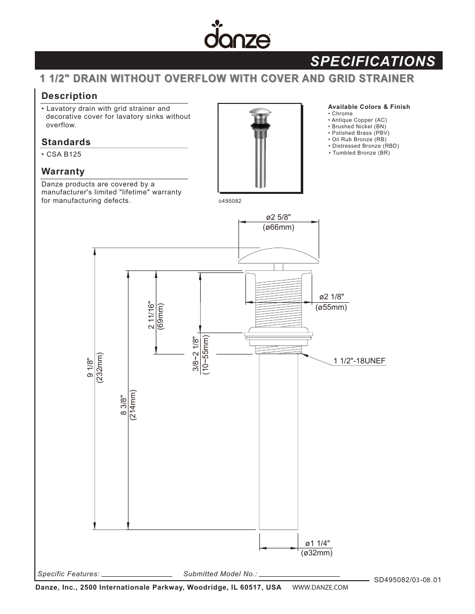 Danze D495082 User Manual | 1 page