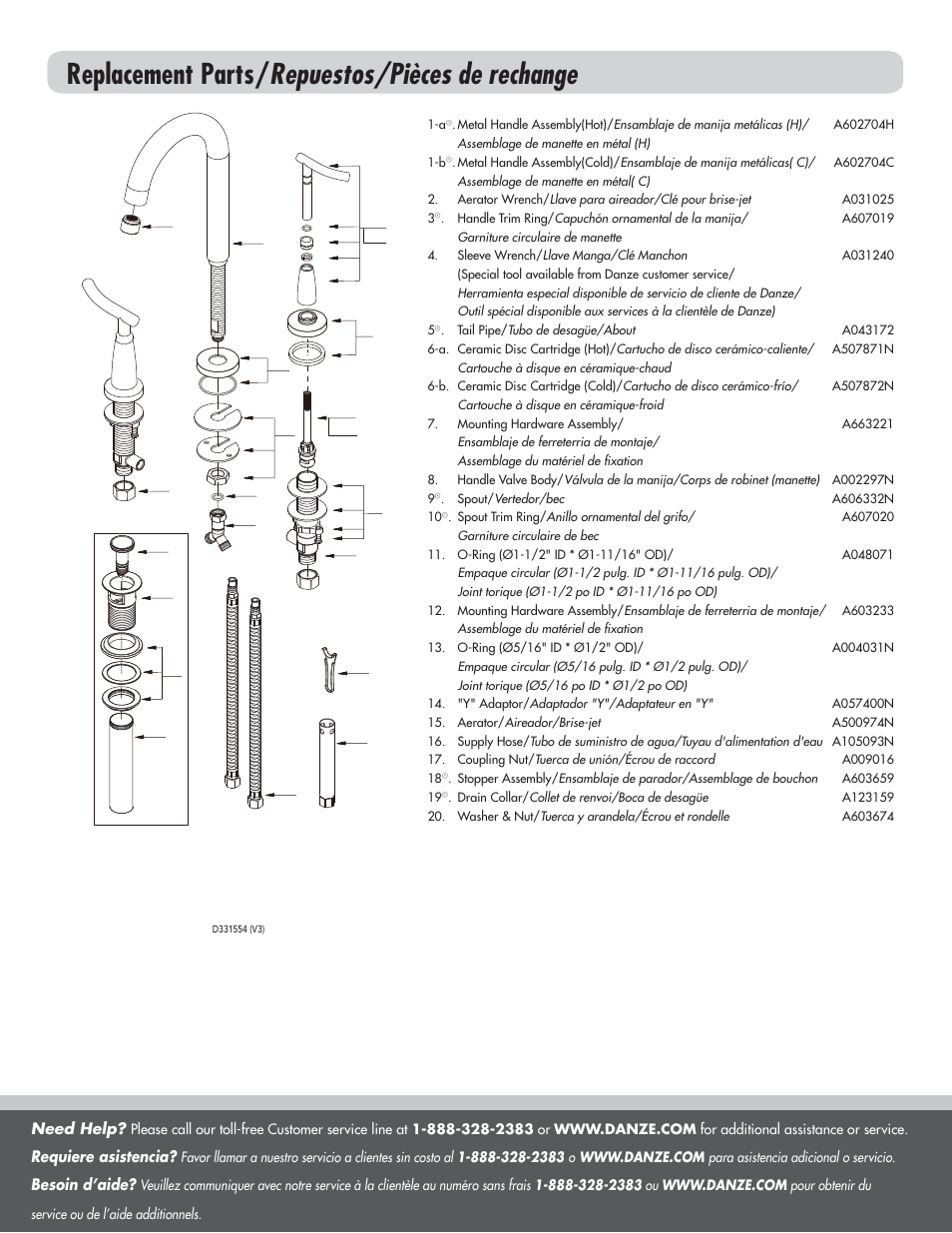 Replacement parts/ repuestos/pièces de rechange | Danze D331554 - Installation Manual User Manual | Page 7 / 7