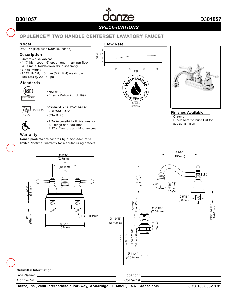 Danze D301057 - Spec Sheets User Manual | 1 page
