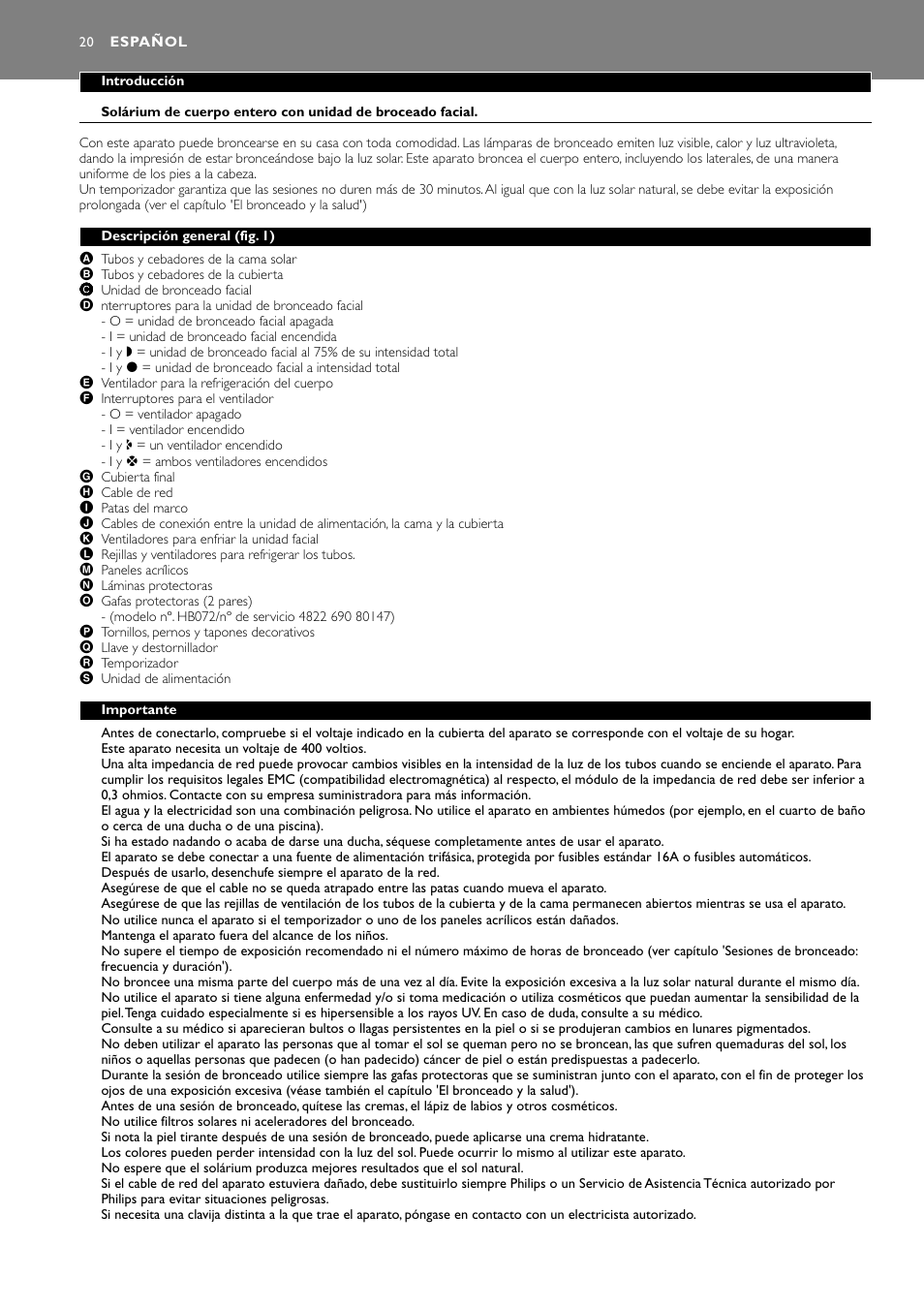 Español 20 | Philips HB591 User Manual | Page 20 / 32