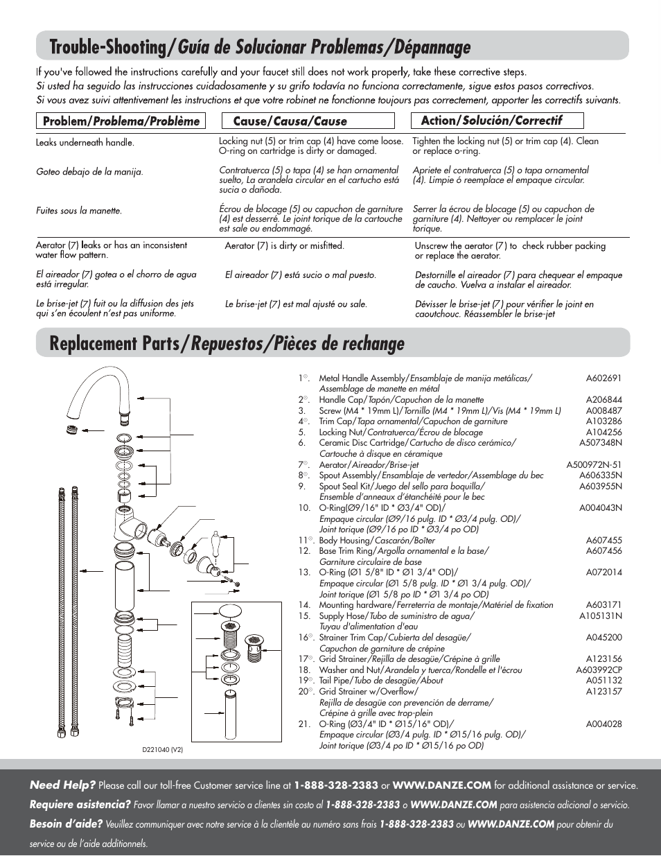 Replacement parts/ repuestos/pièces de rechange | Danze D221040 - Installation Manual User Manual | Page 4 / 4