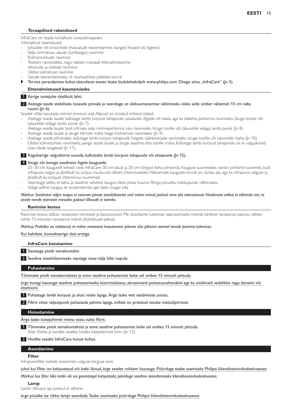 Teraapilised rakendused, Ettevalmistused kasutamiseks, Ravimise kestus | Infracare kasutamine, Filter, Lamp, Puhastamine, Hoiustamine, Asendamine | Philips HP3621 User Manual | Page 15 / 60