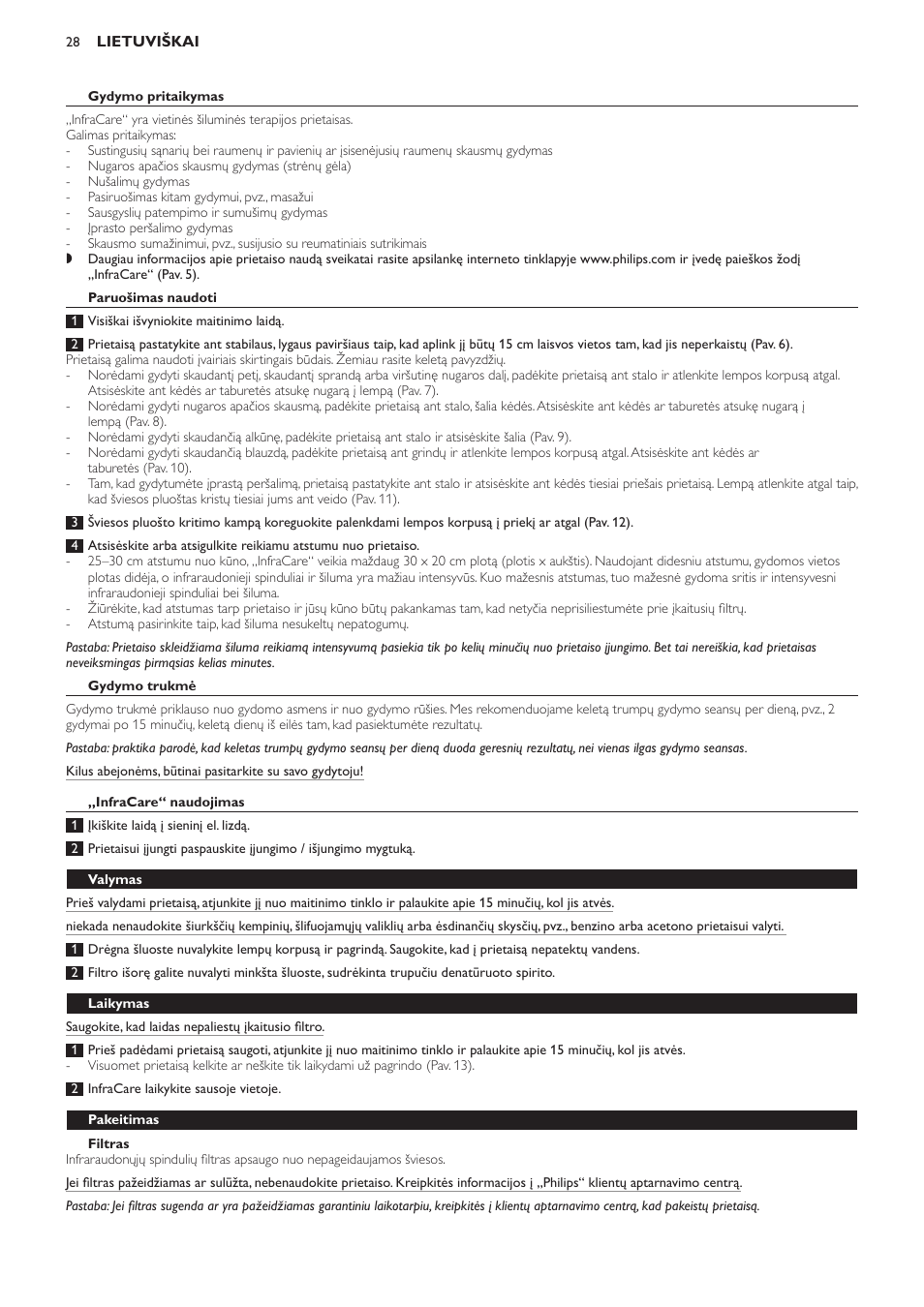 Gydymo pritaikymas, Paruošimas naudoti, Gydymo trukmė | Infracare“ naudojimas, Filtras, Lempa, Valymas, Laikymas, Pakeitimas | Philips HP3621 User Manual | Page 28 / 60