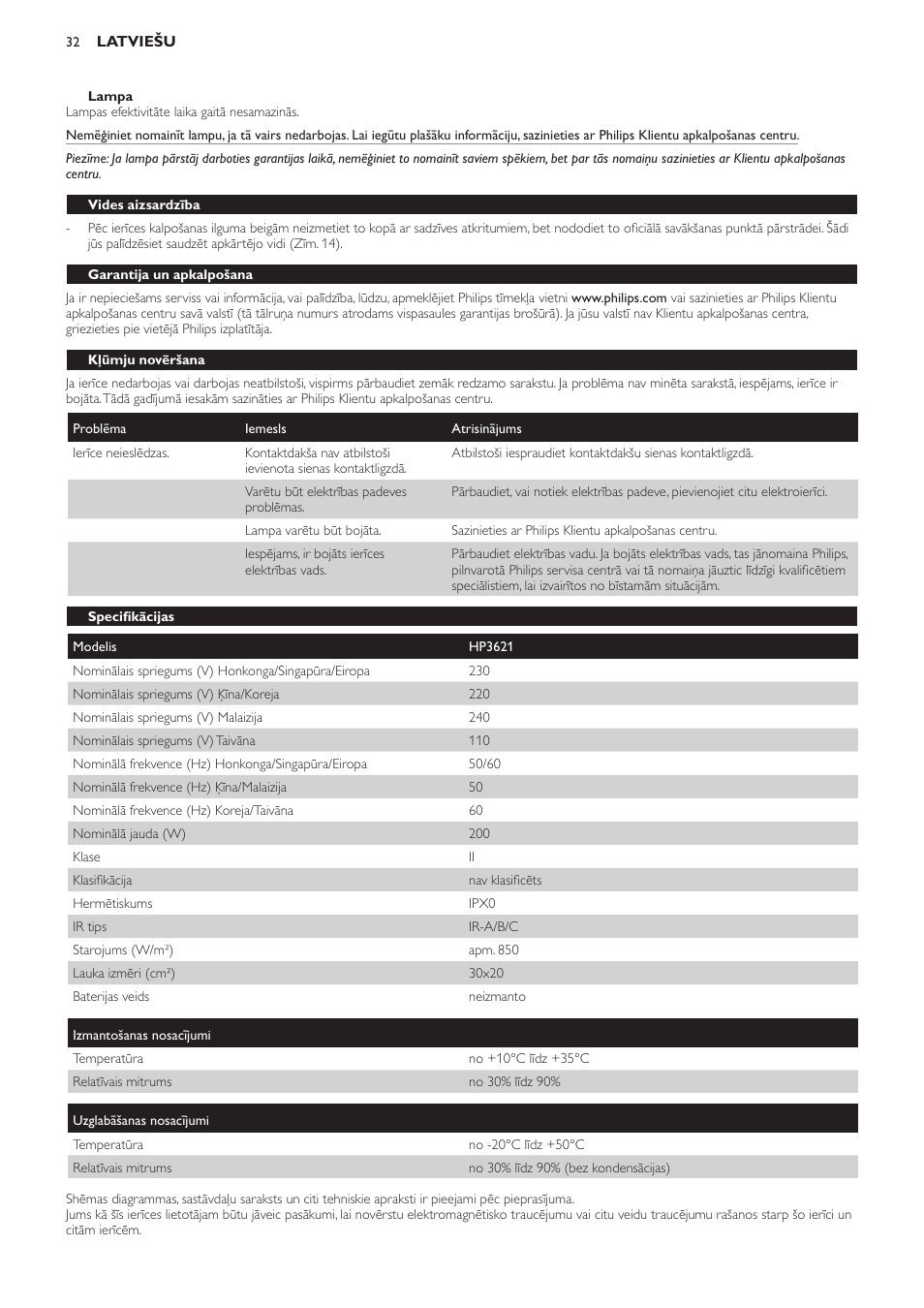 Vides aizsardzība, Garantija un apkalpošana, Kļūmju novēršana | Specifikācijas | Philips HP3621 User Manual | Page 32 / 60