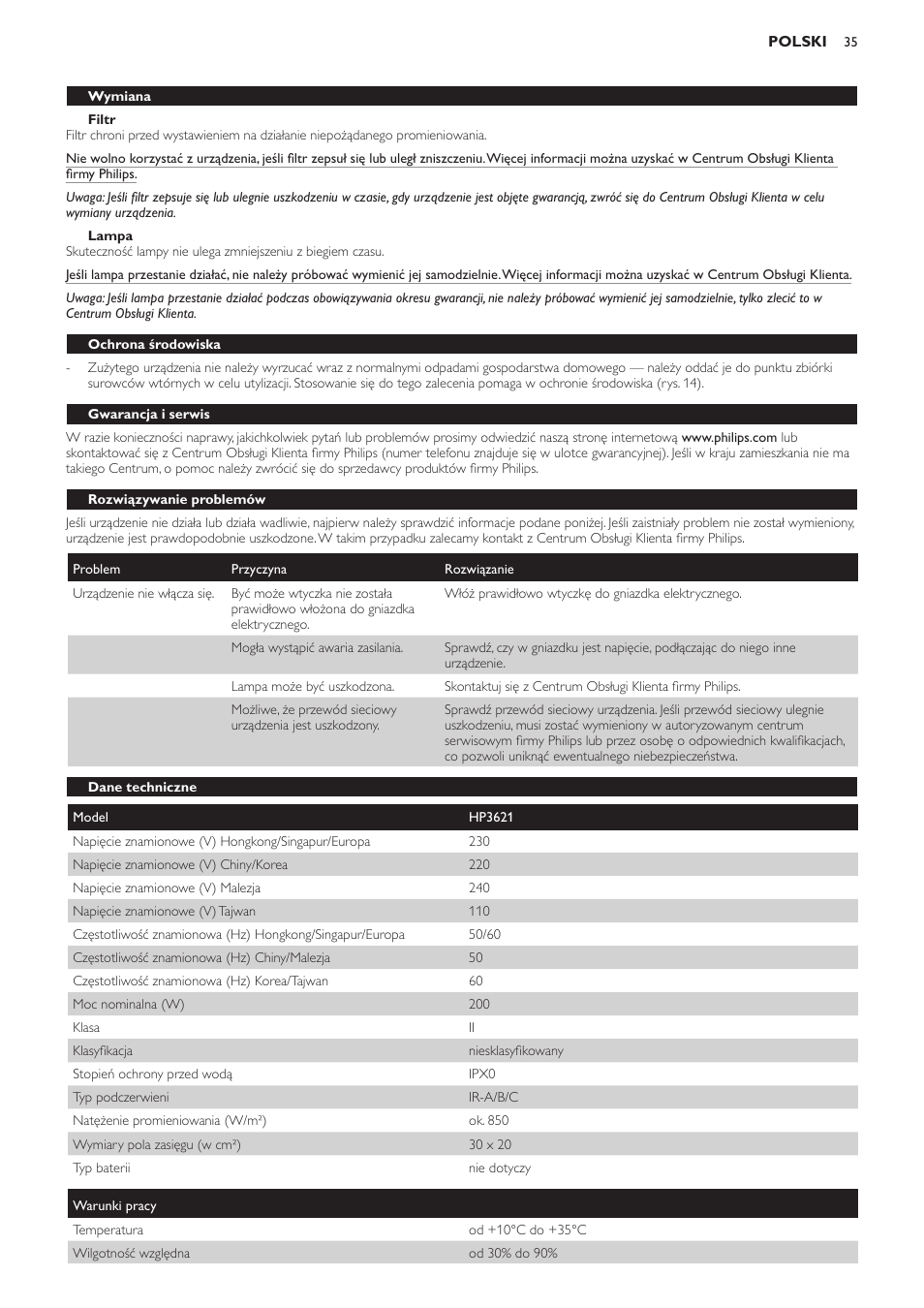 Filtr, Lampa, Wymiana | Ochrona środowiska, Gwarancja i serwis, Rozwiązywanie problemów, Dane techniczne | Philips HP3621 User Manual | Page 35 / 60