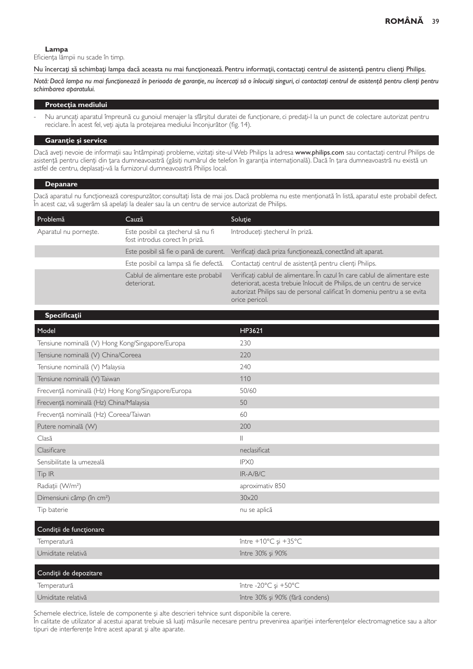 Lampa, Protecţia mediului, Garanţie şi service | Depanare, Specificaţii | Philips HP3621 User Manual | Page 39 / 60