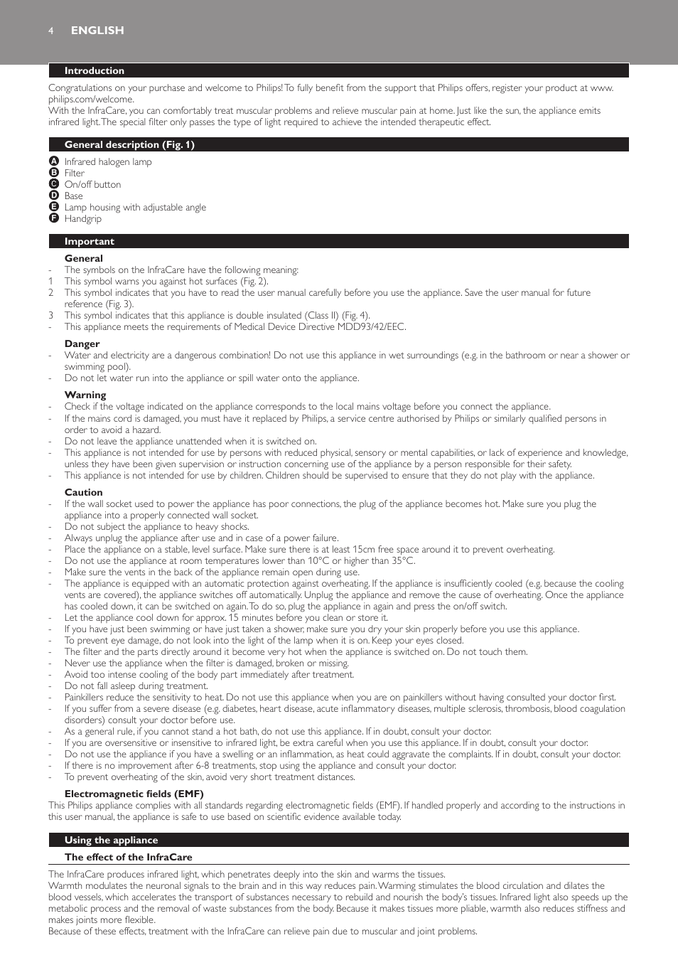 English, Introduction, General description (fig. 1) | Important, General, Danger, Warning, Caution, Electromagnetic fields (emf), Using the appliance | Philips HP3621 User Manual | Page 4 / 60
