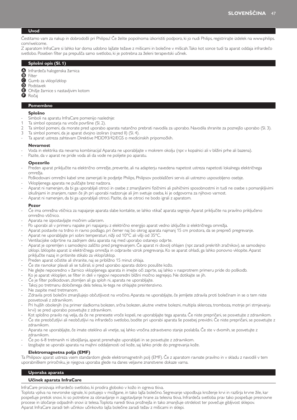 Splošno, Nevarnost, Opozorilo | Pozor, Elektromagnetna polja (emf), Slovenščina, Uvod, Splošni opis (sl. 1), Pomembno, Uporaba aparata | Philips HP3621 User Manual | Page 47 / 60