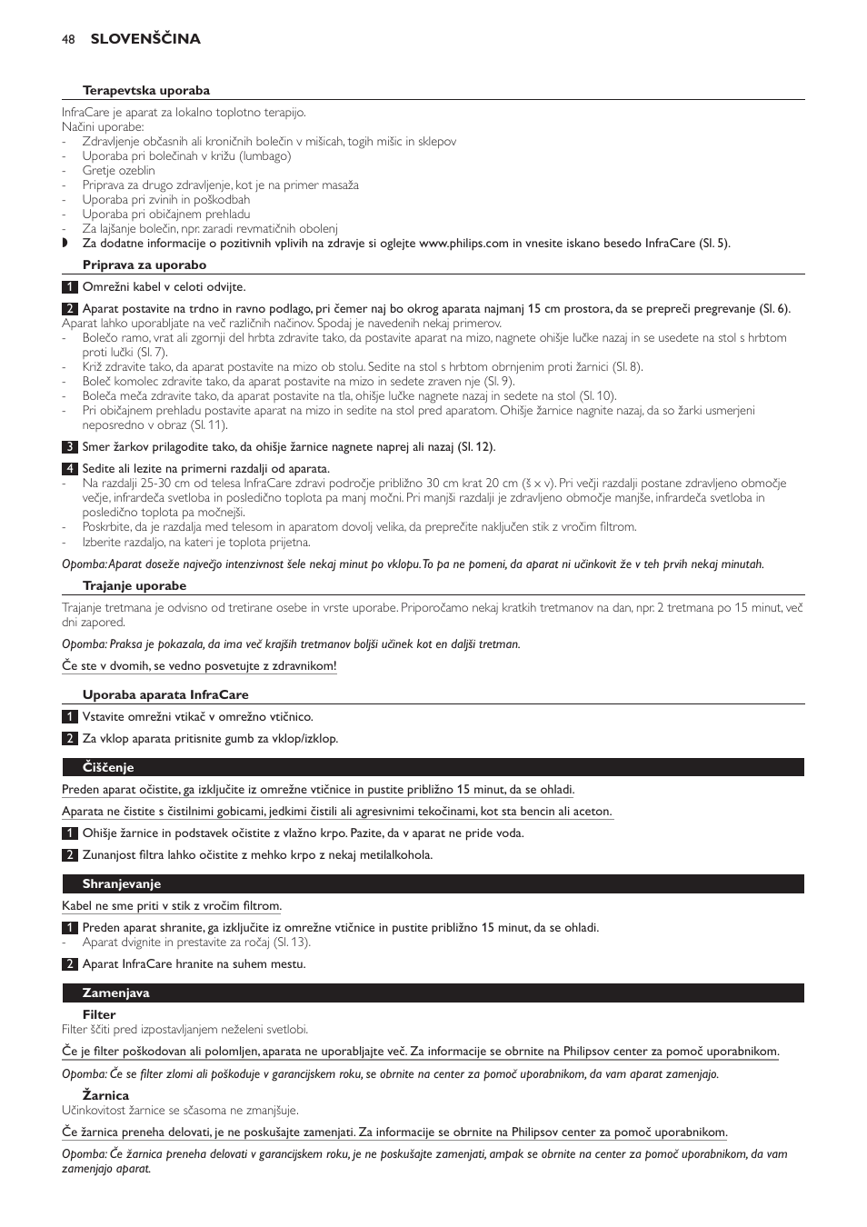 Terapevtska uporaba, Priprava za uporabo, Trajanje uporabe | Uporaba aparata infracare, Filter, Žarnica, Čiščenje, Shranjevanje, Zamenjava | Philips HP3621 User Manual | Page 48 / 60