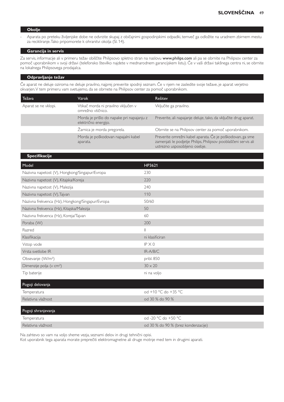 Okolje, Garancija in servis, Odpravljanje težav | Specifikacije | Philips HP3621 User Manual | Page 49 / 60