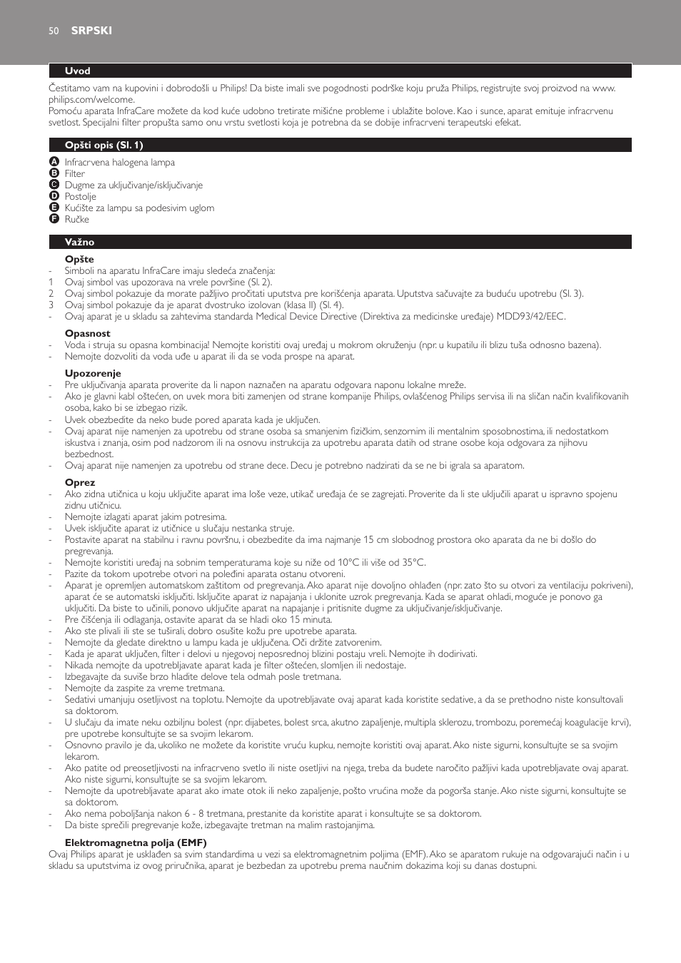 Opšte, Opasnost, Upozorenje | Oprez, Elektromagnetna polja (emf), Srpski, Uvod, Opšti opis (sl. 1), Važno, Upotreba aparata | Philips HP3621 User Manual | Page 50 / 60