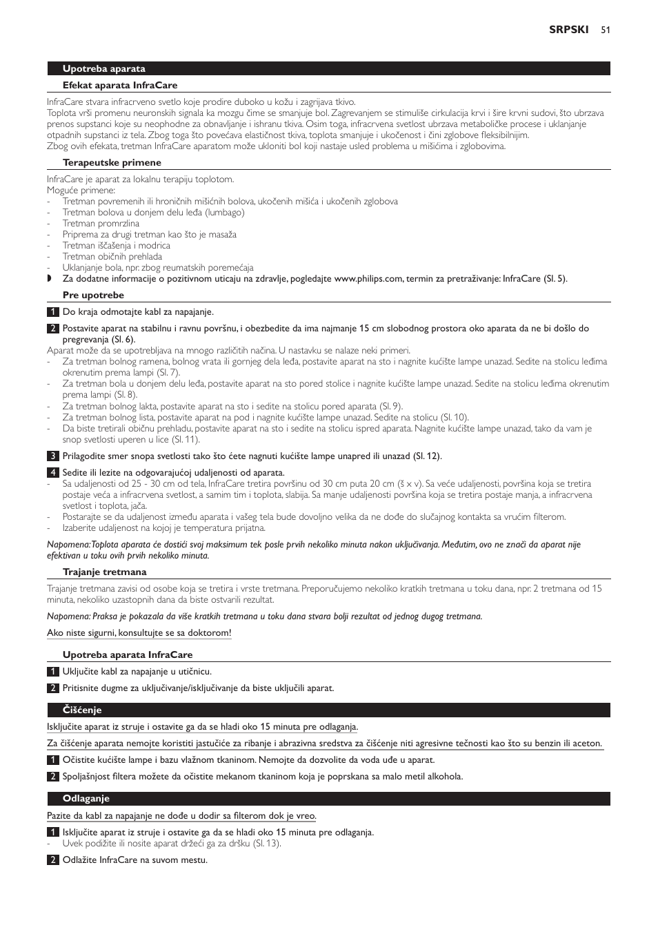 Terapeutske primene, Pre upotrebe, Trajanje tretmana | Upotreba aparata infracare, Filter, Čišćenje, Odlaganje, Zamena delova | Philips HP3621 User Manual | Page 51 / 60