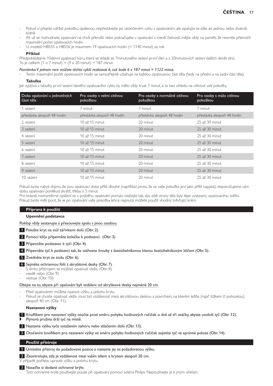 Příklad, Tabulka, Upevnění podstavce | Nastavení výšky, Příprava k použití, Použití přístroje | Philips HB554 User Manual | Page 17 / 88