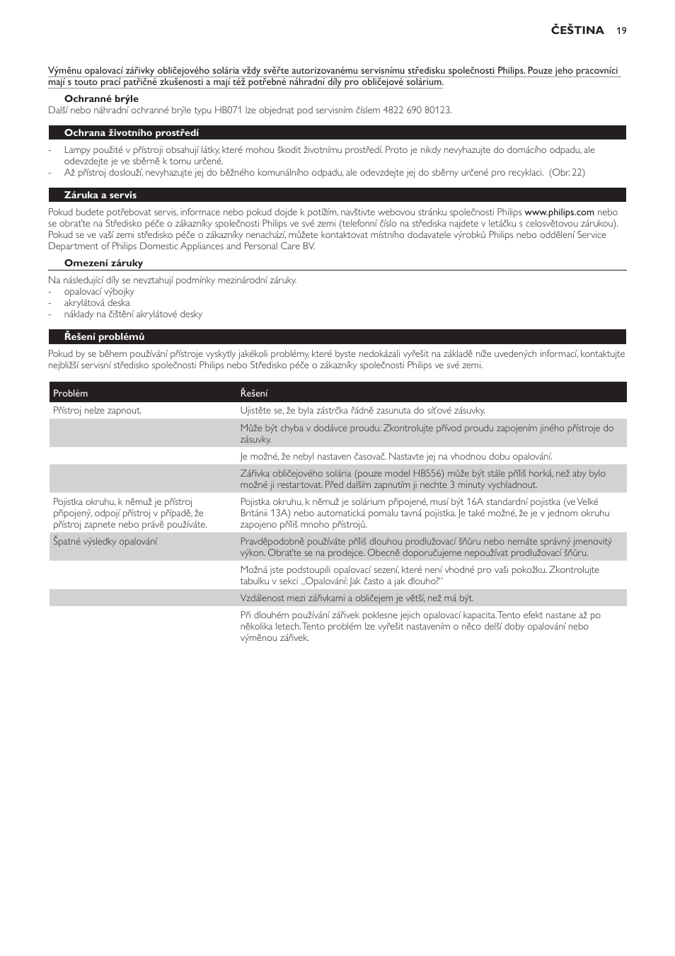 Ochranné brýle, Ochrana životního prostředí, Záruka a servis | Omezení záruky, Řešení problémů | Philips HB554 User Manual | Page 19 / 88
