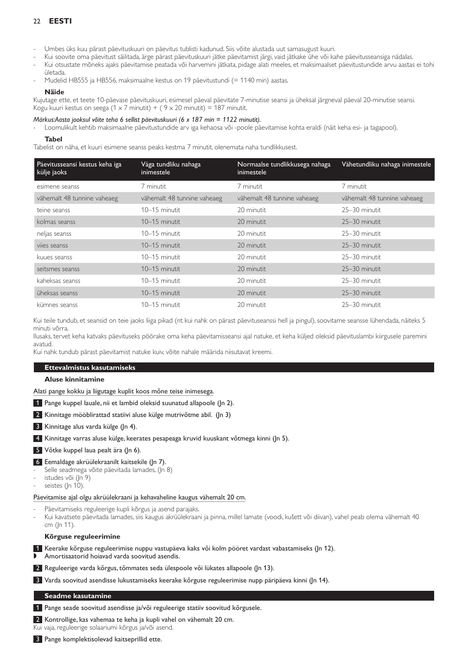 Näide, Tabel, Aluse kinnitamine | Kõrguse reguleerimine, Ettevalmistus kasutamiseks, Seadme kasutamine | Philips HB554 User Manual | Page 22 / 88