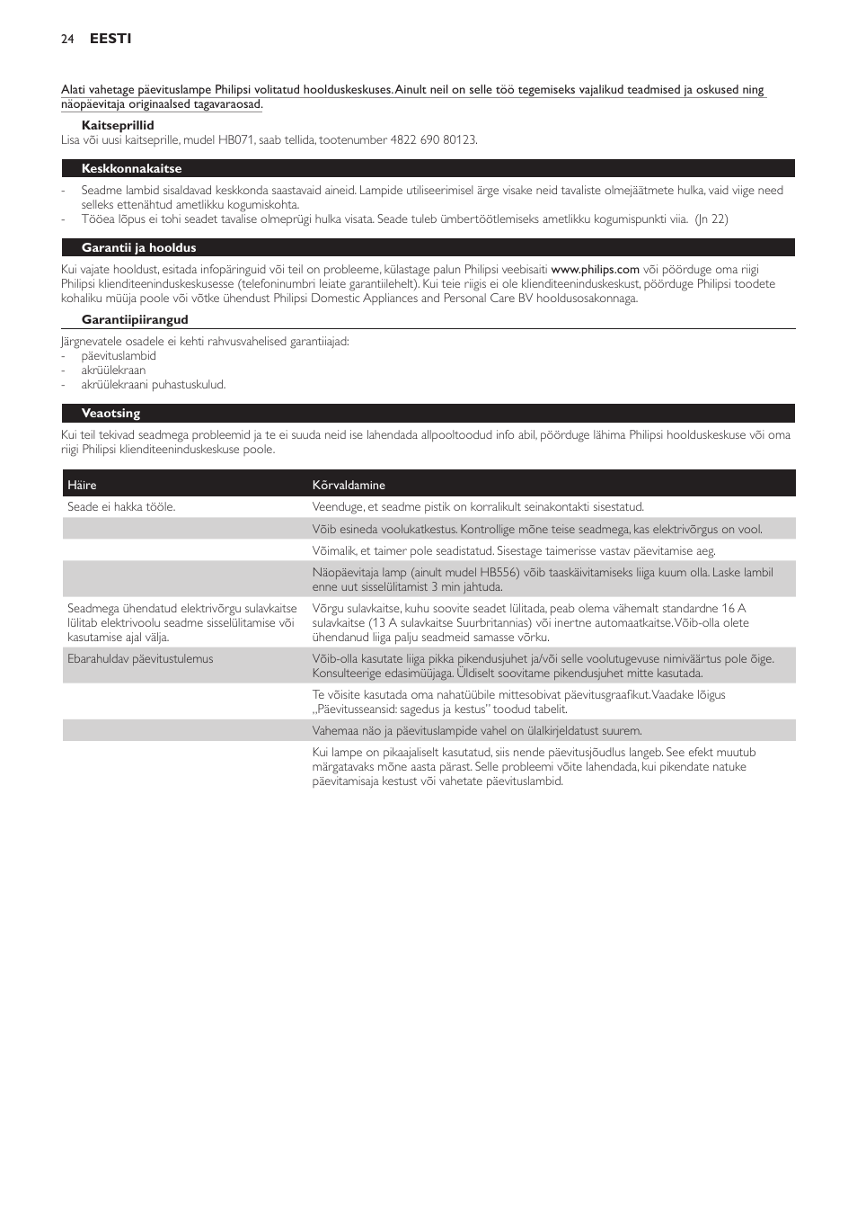 Kaitseprillid, Keskkonnakaitse, Garantii ja hooldus | Garantiipiirangud, Veaotsing | Philips HB554 User Manual | Page 24 / 88