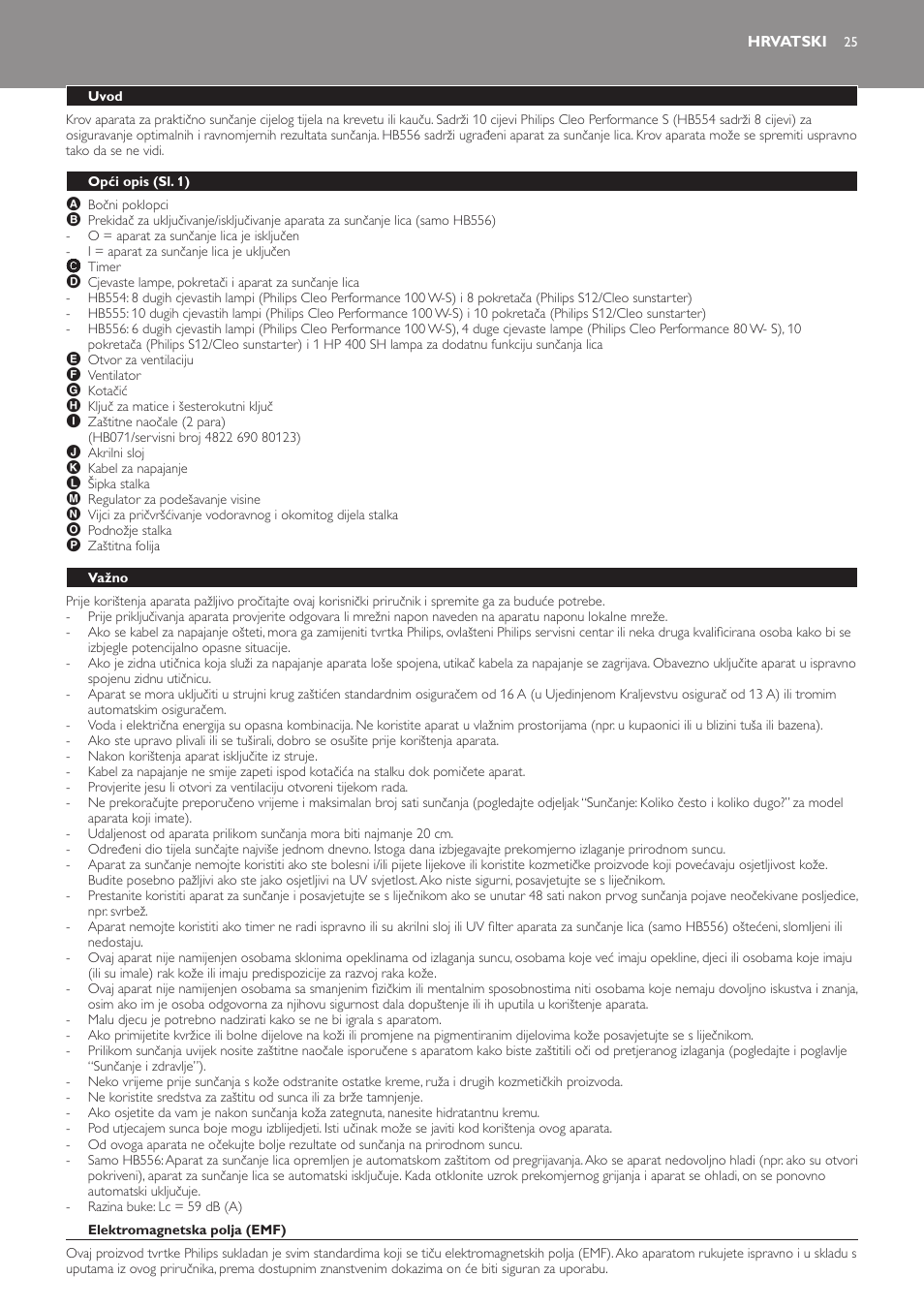 Hrvatski, Uvod, Opći opis (sl. 1) | Važno, Elektromagnetska polja (emf) | Philips HB554 User Manual | Page 25 / 88