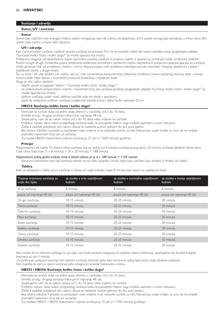 Sunčanje i zdravlje, Sunce, uv i sunčanje, Sunce | Uv i zdravlje, Hb554: sunčanje: koliko često i koliko dugo, Primjer, Tablica | Philips HB554 User Manual | Page 26 / 88