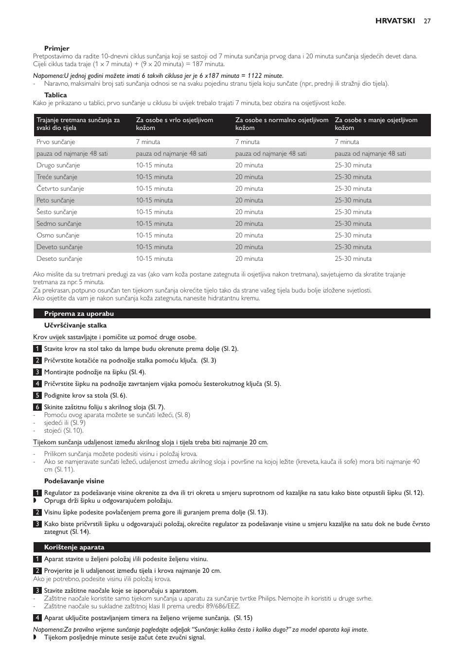 Primjer, Tablica, Učvršćivanje stalka | Podešavanje visine, Priprema za uporabu, Korištenje aparata | Philips HB554 User Manual | Page 27 / 88