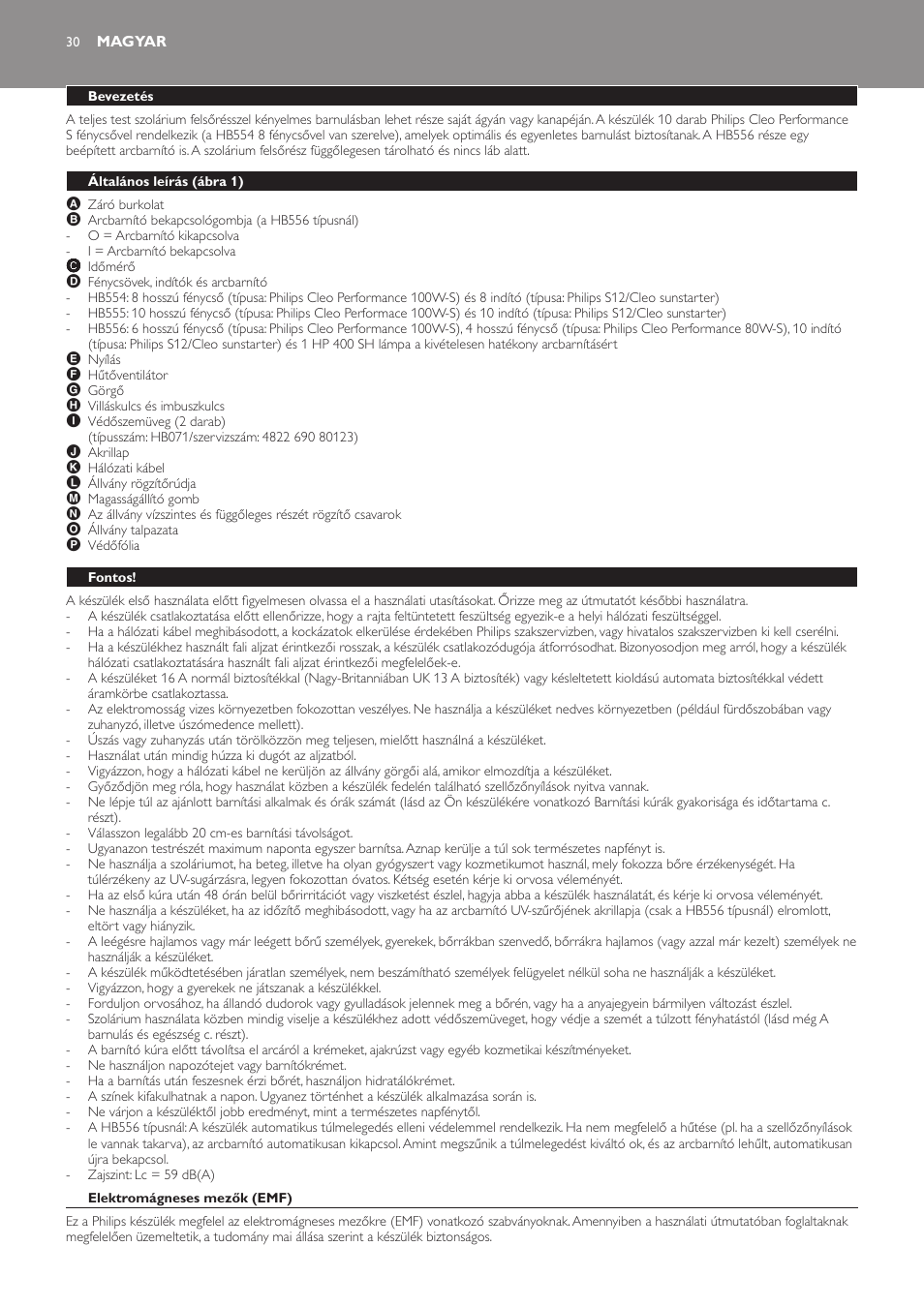 Magyar, Bevezetés, Általános leírás (ábra 1) | Fontos, Elektromágneses mezők (emf) | Philips HB554 User Manual | Page 30 / 88