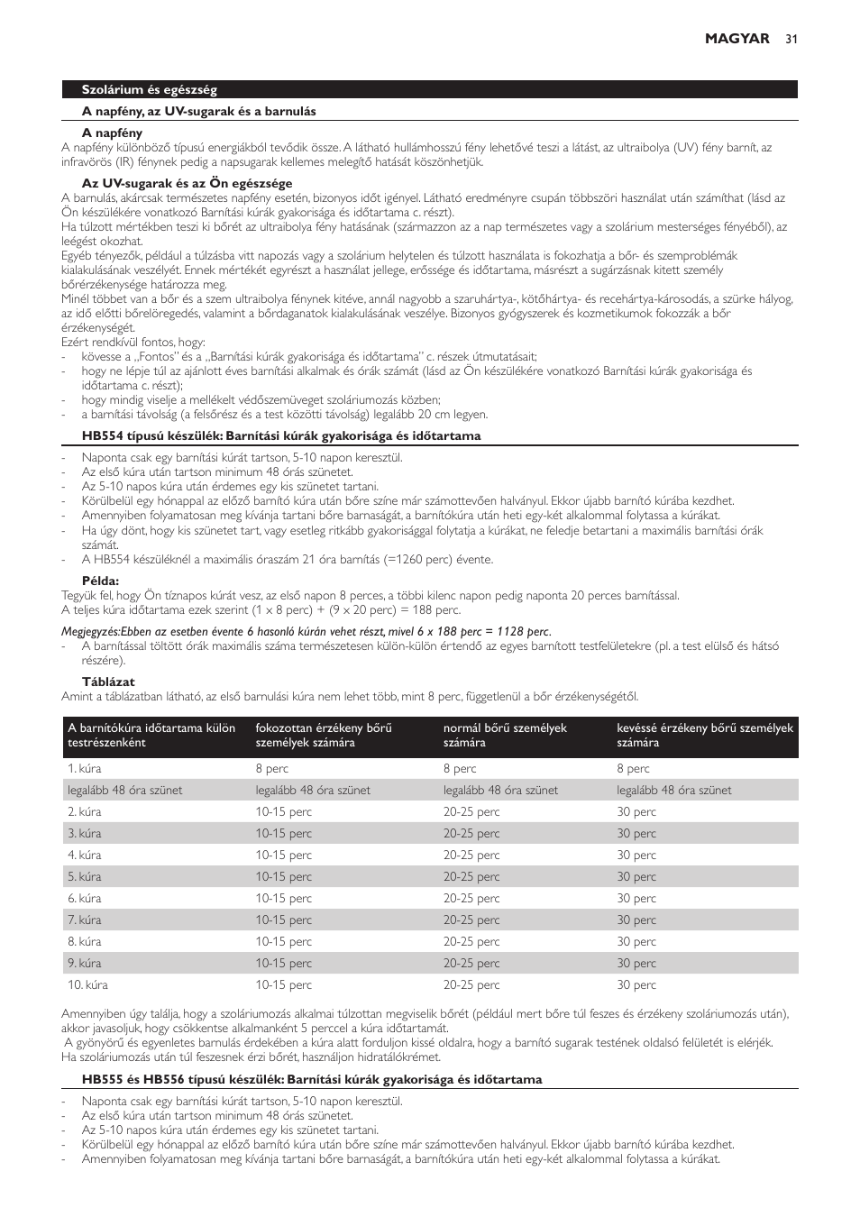 Szolárium és egészség, A napfény, az uv-sugarak és a barnulás, A napfény | Az uv-sugarak és az ön egészsége, Példa, Táblázat | Philips HB554 User Manual | Page 31 / 88