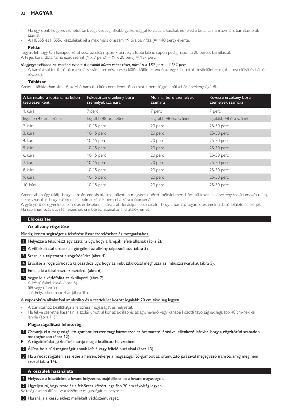 Példa, Táblázat, Az állvány rögzítése | Magasságállítási lehetőség, Előkészítés, A készülék használata | Philips HB554 User Manual | Page 32 / 88