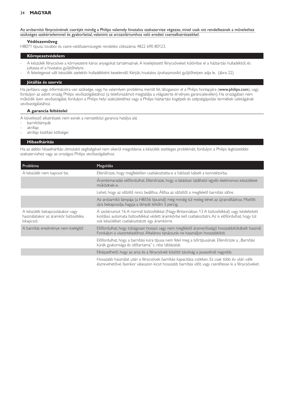 Védőszemüveg, Környezetvédelem, Jótállás és szerviz | A garancia feltételei, Hibaelhárítás | Philips HB554 User Manual | Page 34 / 88