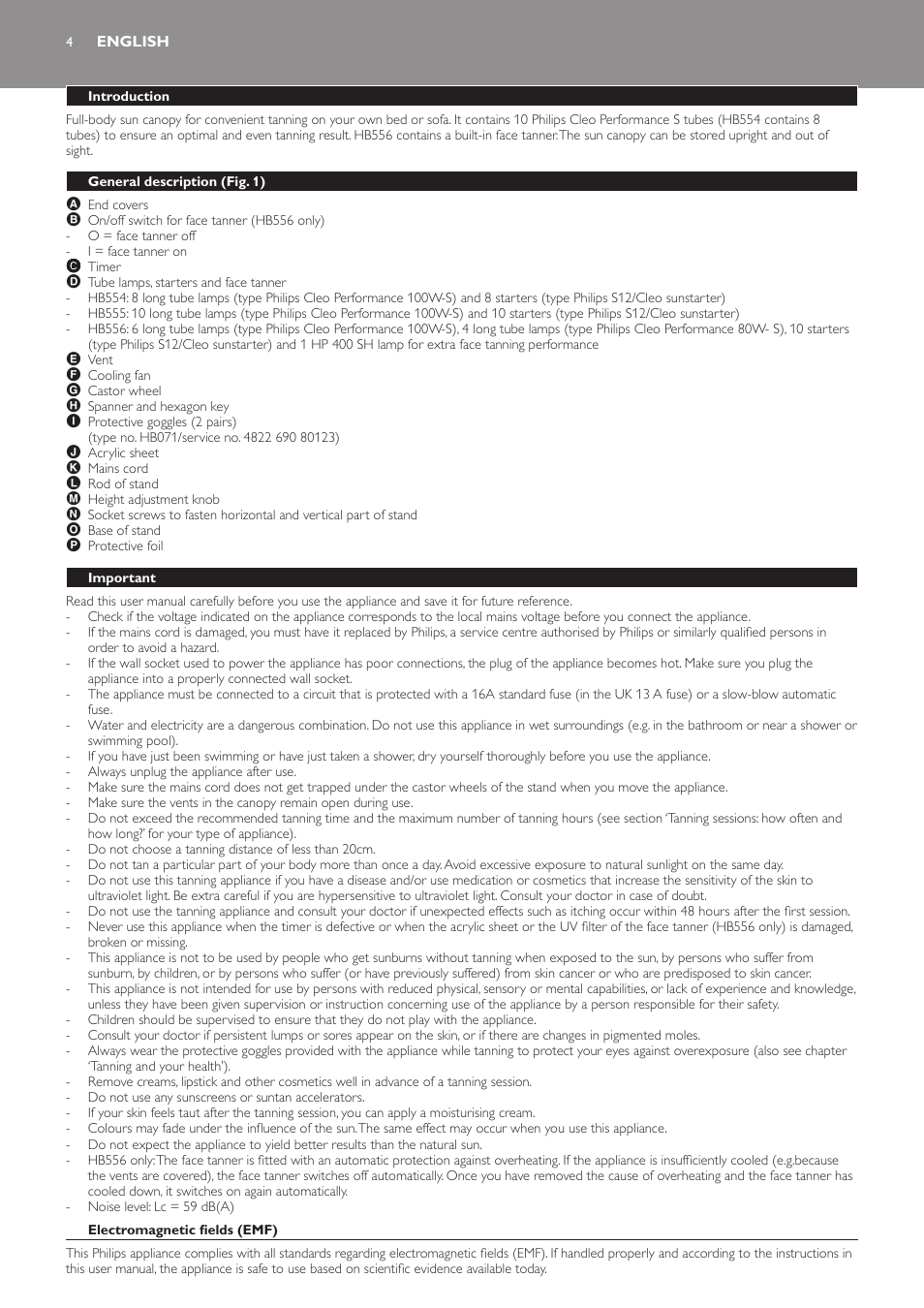 English, Introduction, General description (fig. 1) | Important, Electromagnetic fields (emf) | Philips HB554 User Manual | Page 4 / 88