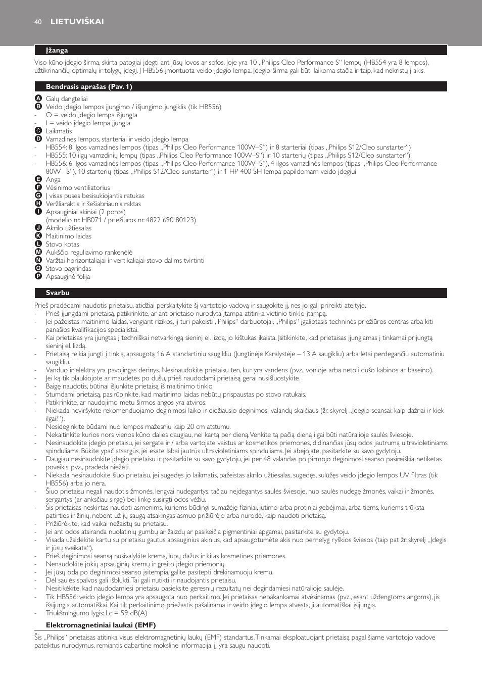 Lietuviškai, Įžanga, Bendrasis aprašas (pav. 1) | Svarbu, Elektromagnetiniai laukai (emf) | Philips HB554 User Manual | Page 40 / 88