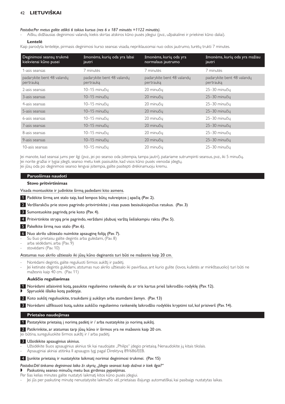 Lentelė, Stovo pritvirtinimas, Aukščio reguliavimas | Paruošimas naudoti, Prietaiso naudojimas | Philips HB554 User Manual | Page 42 / 88