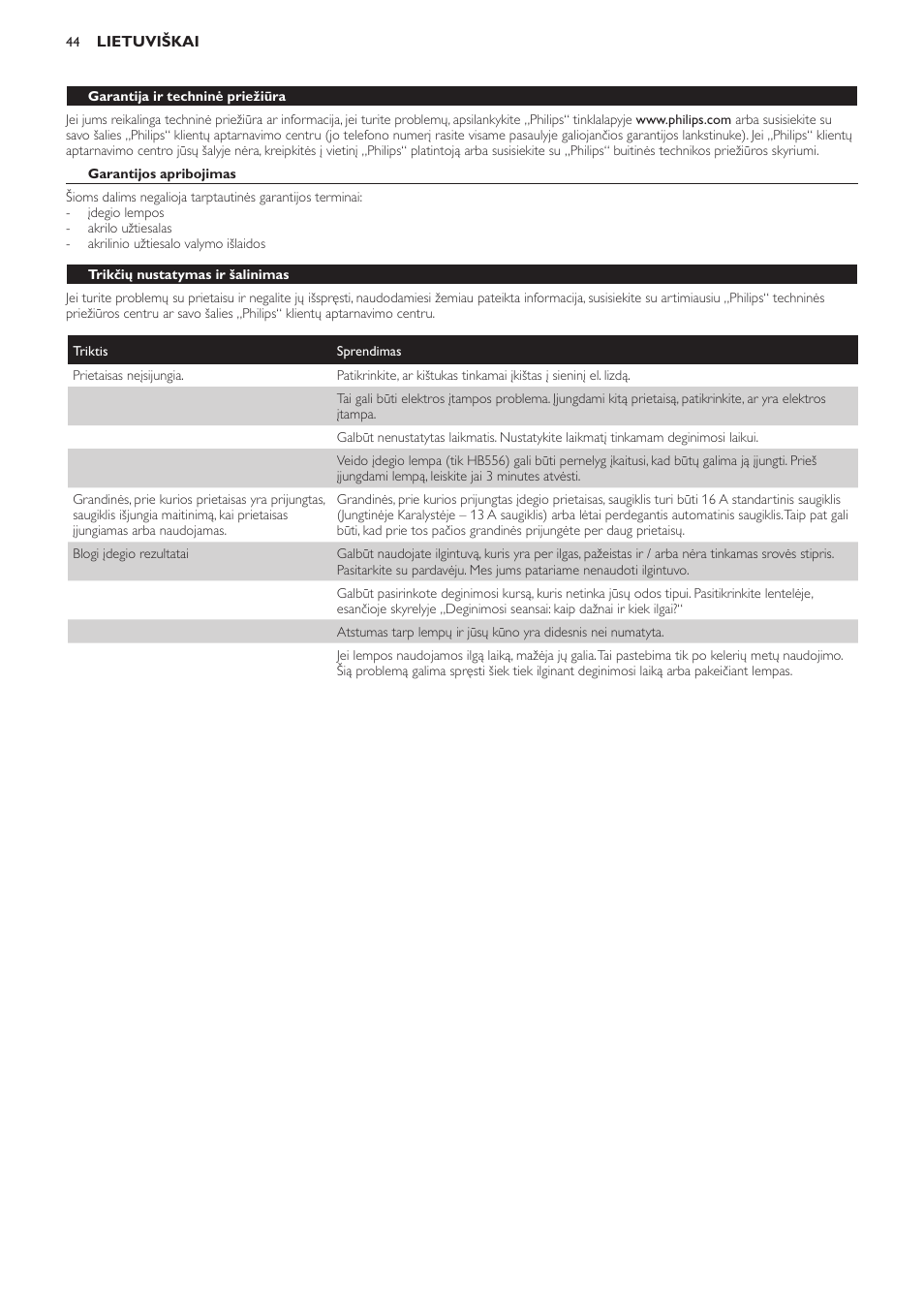 Garantija ir techninė priežiūra, Garantijos apribojimas, Trikčių nustatymas ir šalinimas | Philips HB554 User Manual | Page 44 / 88