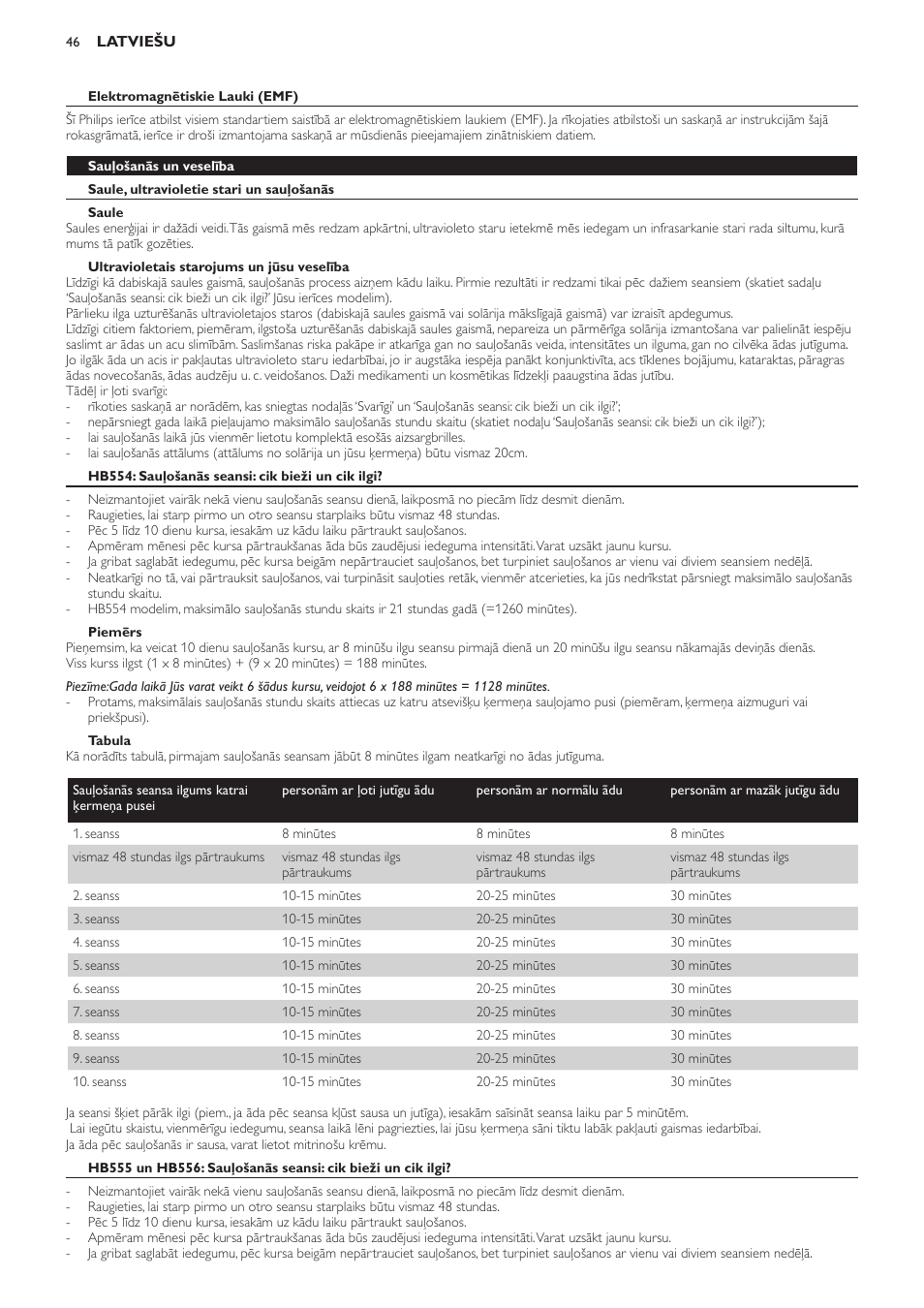 Elektromagnētiskie lauki (emf), Sauļošanās un veselība, Saule, ultravioletie stari un sauļošanās | Saule, Ultravioletais starojums un jūsu veselība, Hb554: sauļošanās seansi: cik bieži un cik ilgi, Piemērs, Tabula | Philips HB554 User Manual | Page 46 / 88
