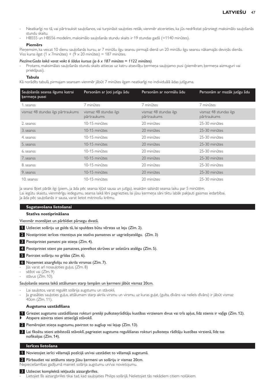 Piemērs, Tabula, Statīva nostiprināšana | Augstuma uzstādīšana, Sagatavošana lietošanai, Ierīces lietošana | Philips HB554 User Manual | Page 47 / 88