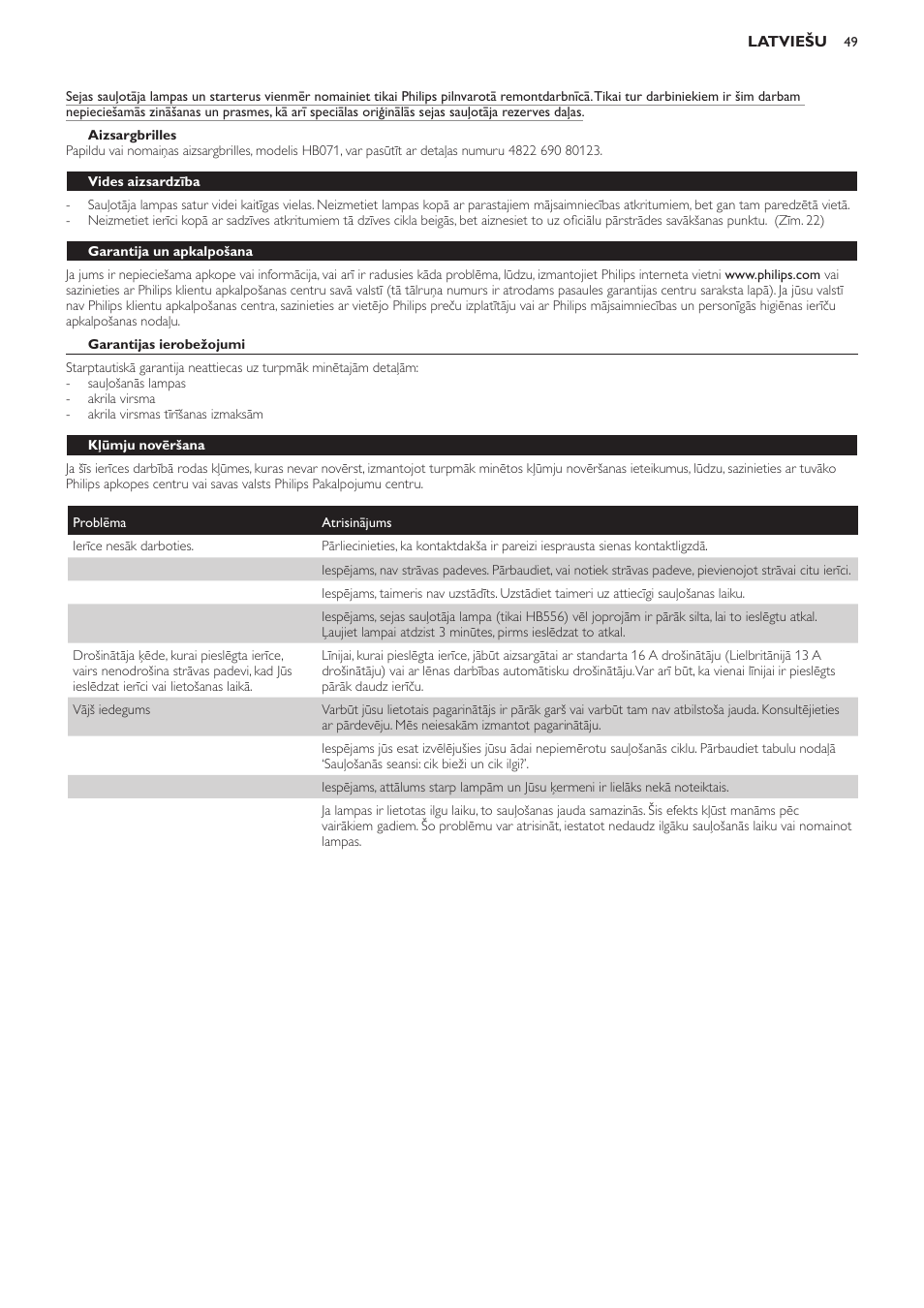 Aizsargbrilles, Vides aizsardzība, Garantija un apkalpošana | Garantijas ierobežojumi, Kļūmju novēršana | Philips HB554 User Manual | Page 49 / 88