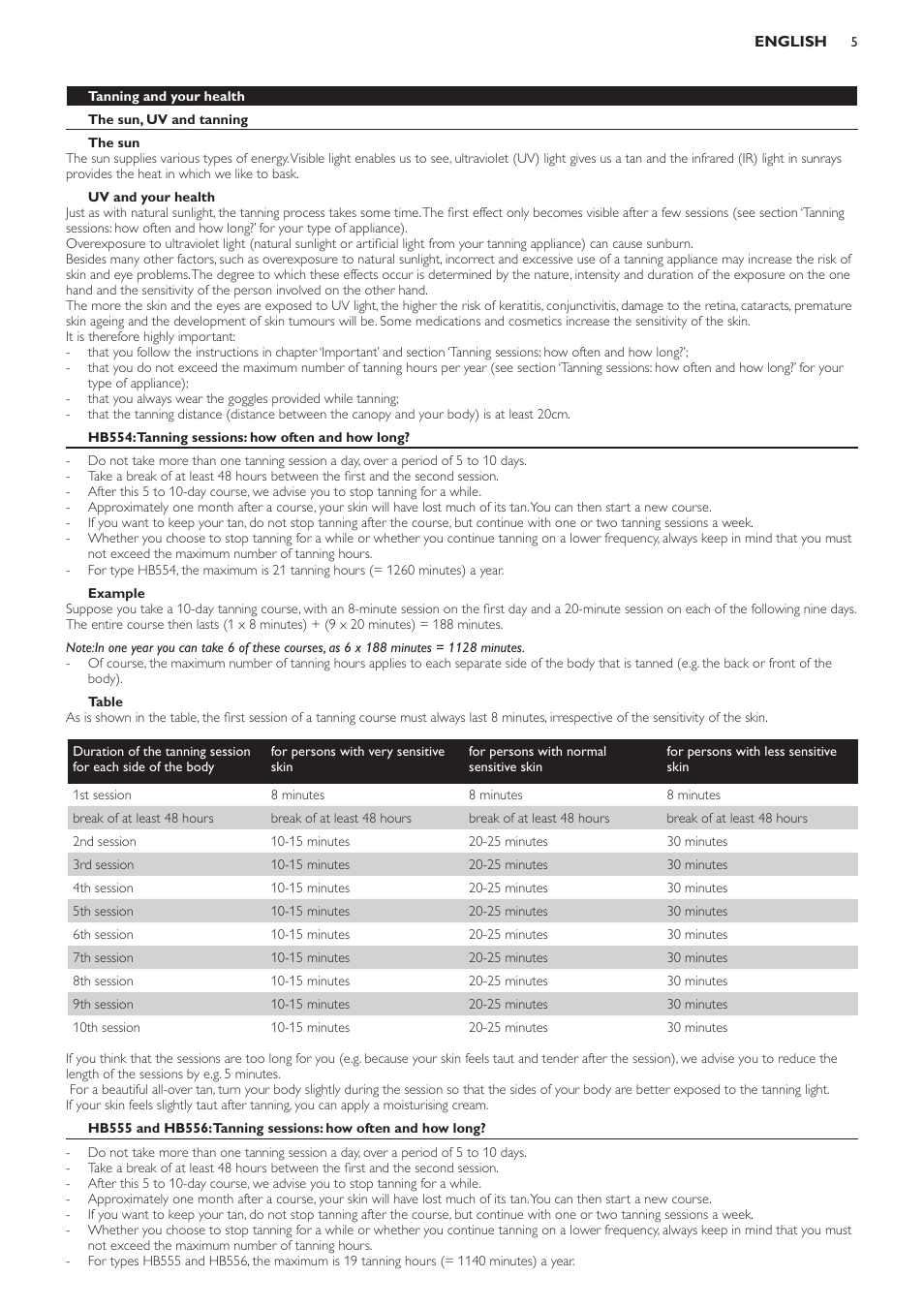 Tanning and your health, The sun, uv and tanning, The sun | Uv and your health, Hb554: tanning sessions: how often and how long, Example, Table | Philips HB554 User Manual | Page 5 / 88