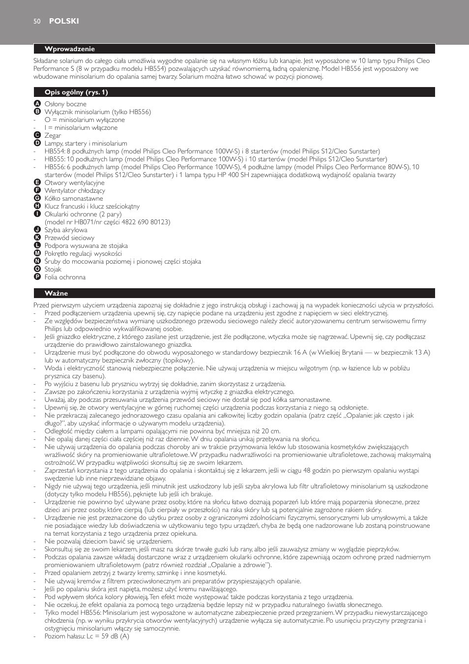 Polski, Wprowadzenie, Opis ogólny (rys. 1) | Ważne | Philips HB554 User Manual | Page 50 / 88