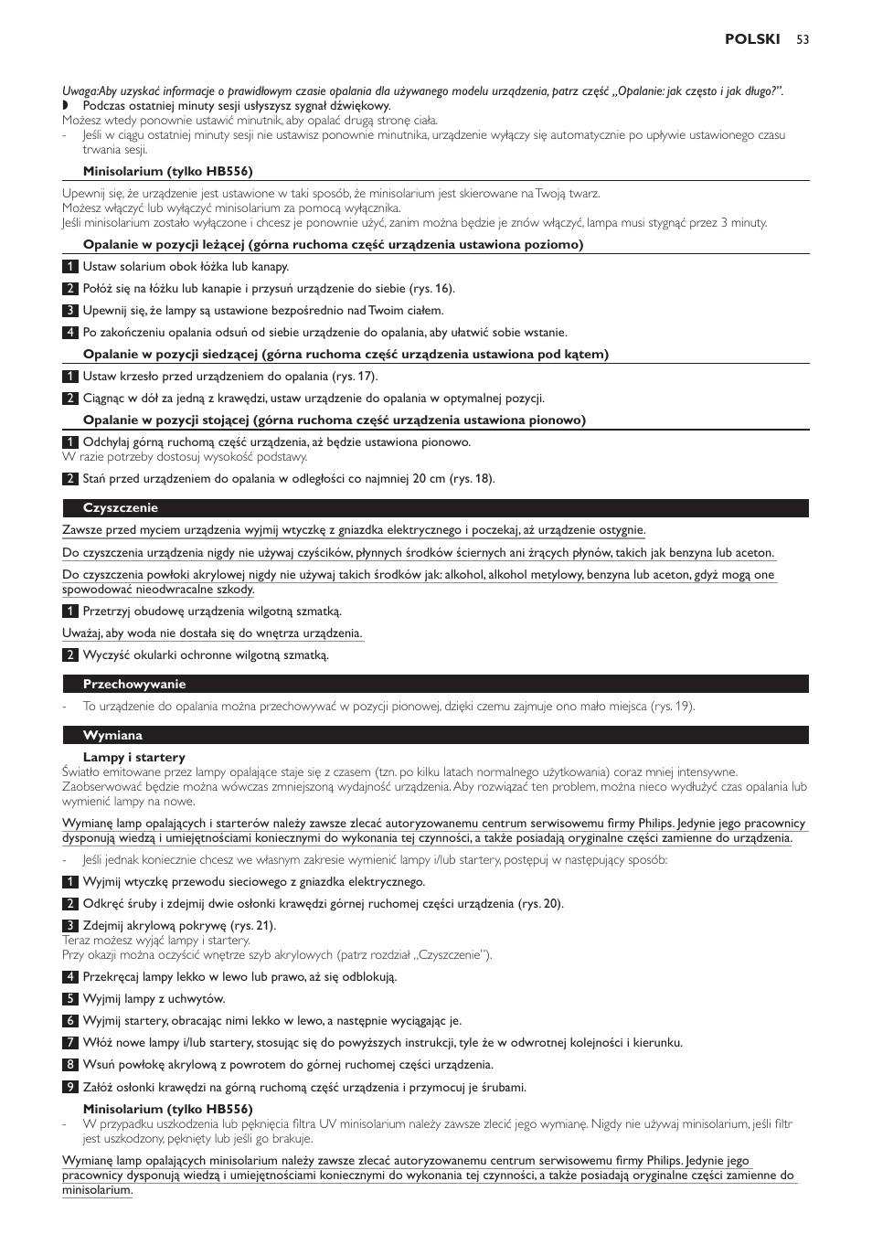 Minisolarium (tylko hb556), Lampy i startery, Czyszczenie | Przechowywanie, Wymiana | Philips HB554 User Manual | Page 53 / 88