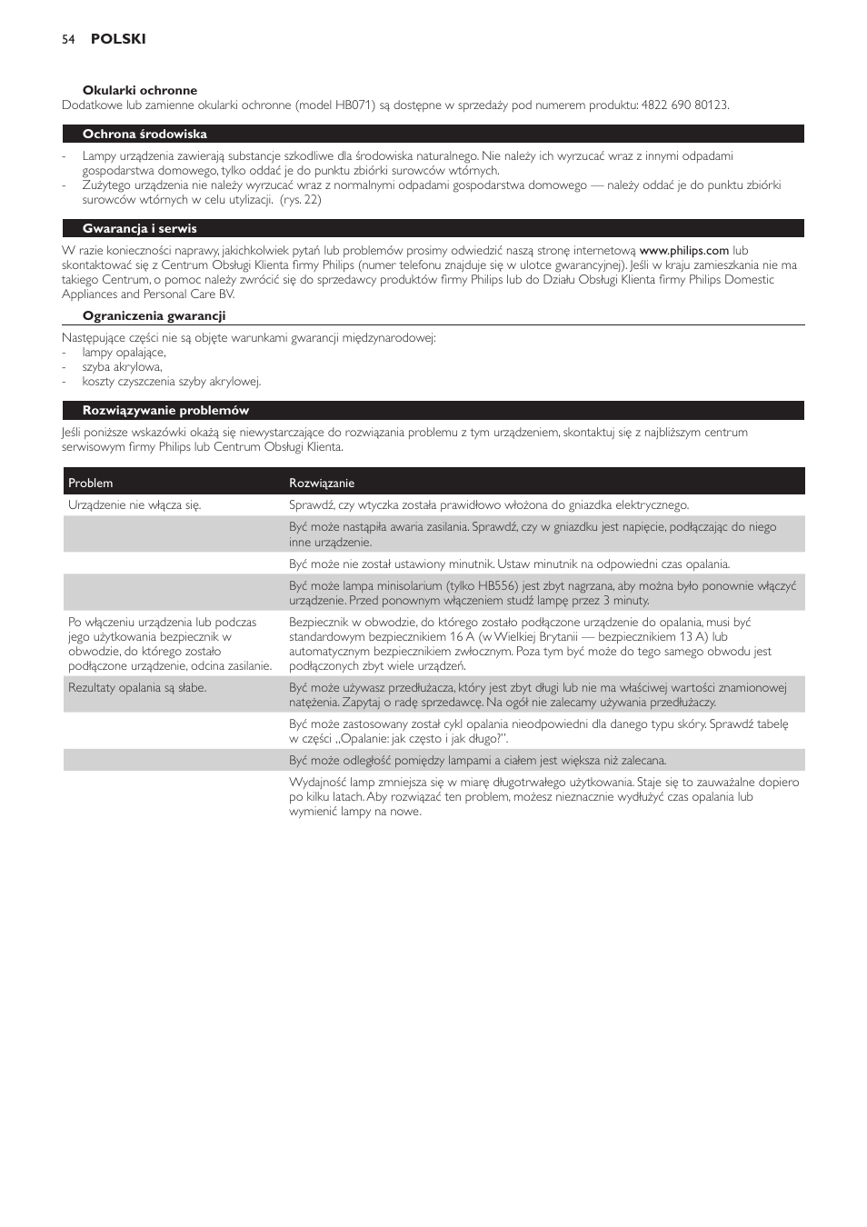 Okularki ochronne, Ochrona środowiska, Gwarancja i serwis | Ograniczenia gwarancji, Rozwiązywanie problemów | Philips HB554 User Manual | Page 54 / 88