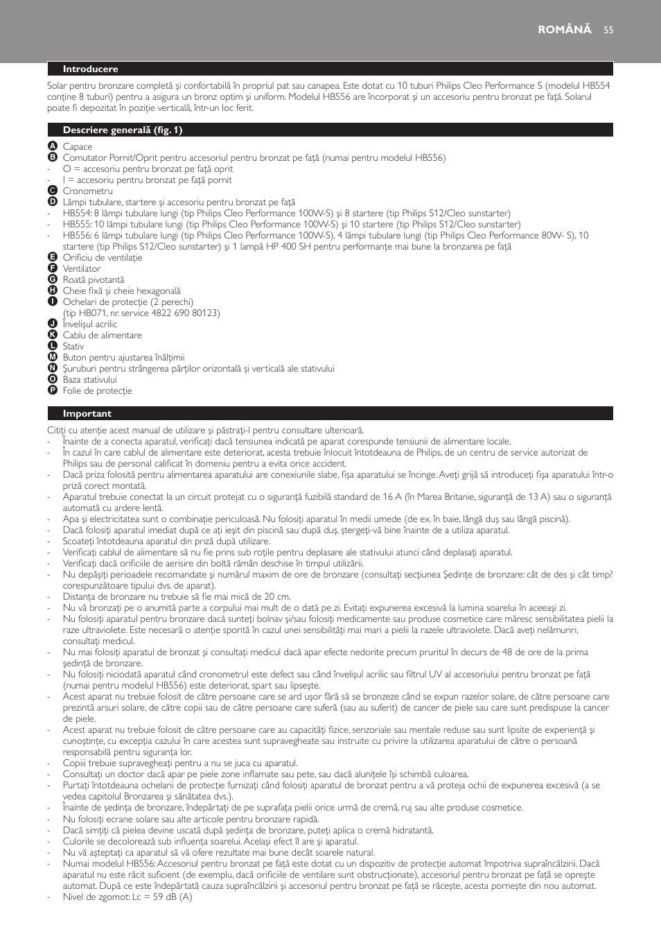 Română, Introducere, Descriere generală (fig. 1) | Important | Philips HB554 User Manual | Page 55 / 88