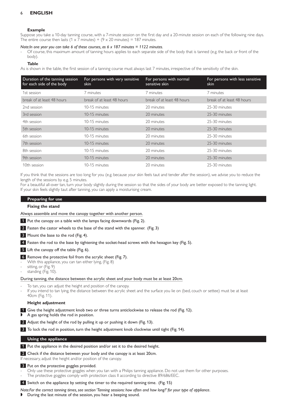 Example, Table, Fixing the stand | Height adjustment, Preparing for use, Using the appliance | Philips HB554 User Manual | Page 6 / 88