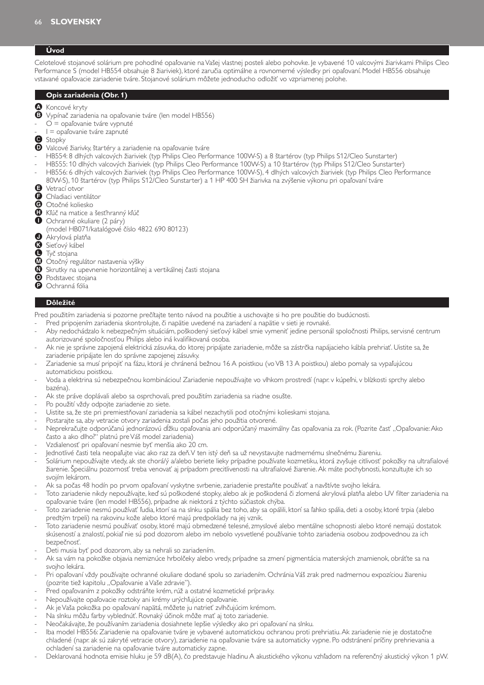 Slovensky, Úvod, Opis zariadenia (obr. 1) | Dôležité | Philips HB554 User Manual | Page 66 / 88