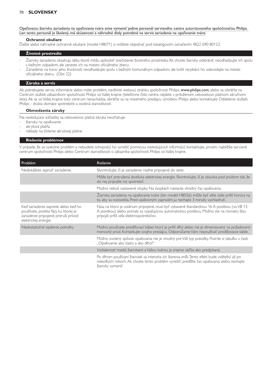 Ochranné okuliare, Životné prostredie, Záruka a servis | Obmedzenia záruky, Riešenie problémov | Philips HB554 User Manual | Page 70 / 88