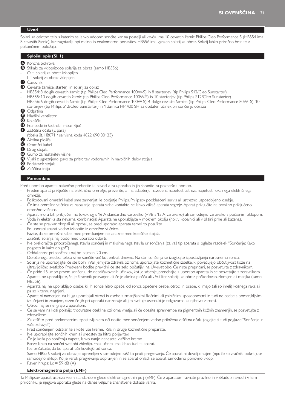 Slovenščina, Uvod, Splošni opis (sl. 1) | Pomembno, Elektromagnetna polja (emf) | Philips HB554 User Manual | Page 71 / 88