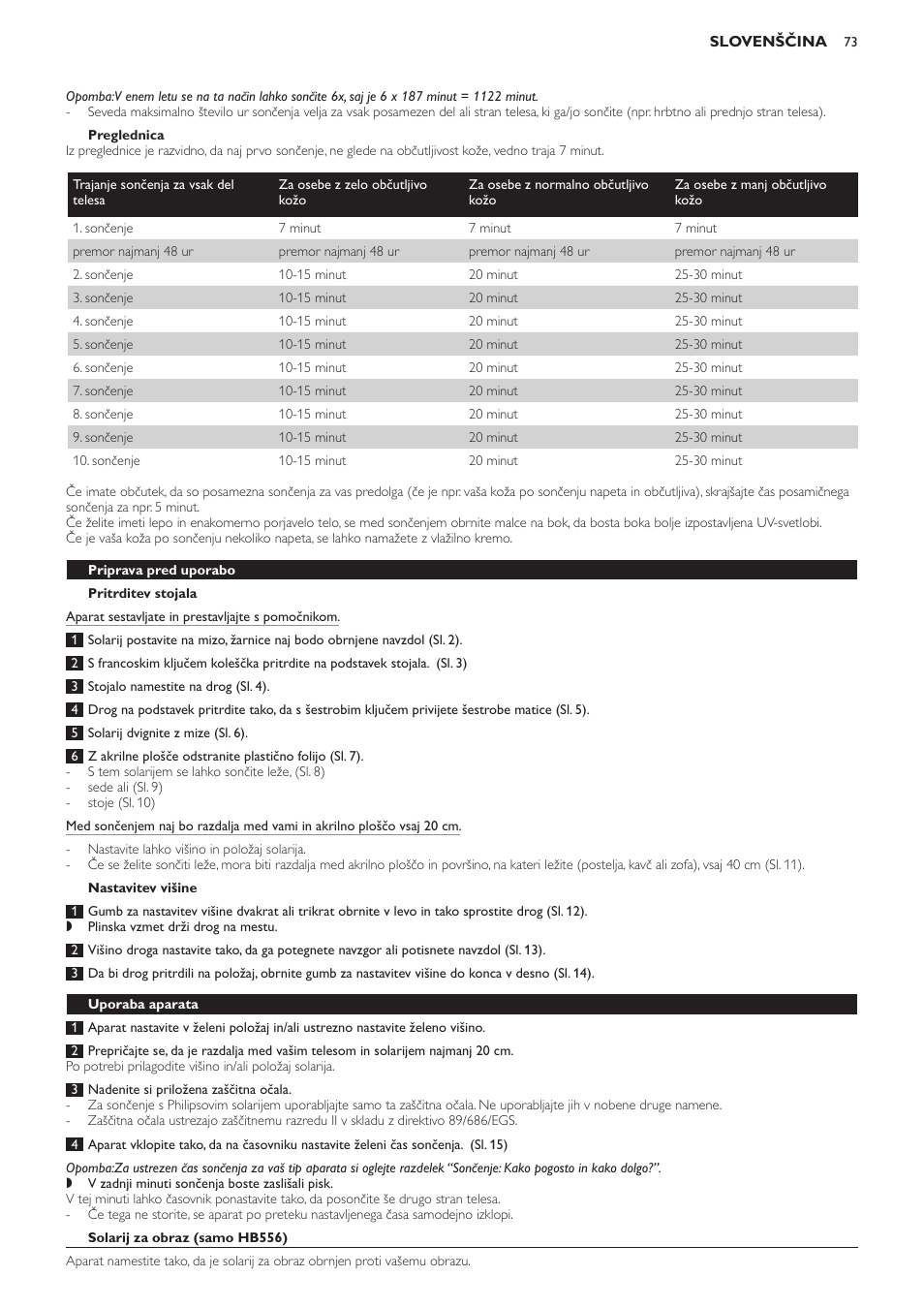 Preglednica, Pritrditev stojala, Nastavitev višine | Priprava pred uporabo, Uporaba aparata, Solarij za obraz (samo hb556) | Philips HB554 User Manual | Page 73 / 88