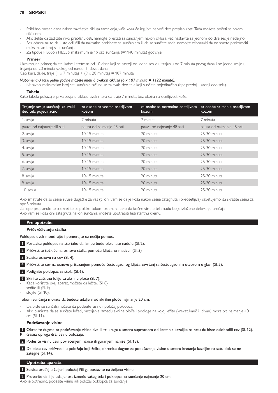 Primer, Tabela, Pričvršćivanje stalka | Podešavanje visine, Pre upotrebe, Upotreba aparata | Philips HB554 User Manual | Page 78 / 88