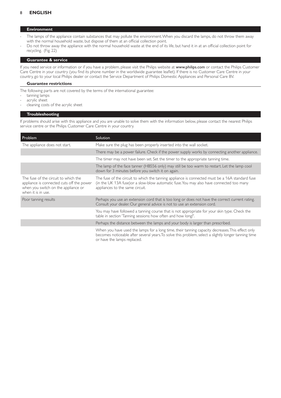 Environment, Guarantee & service, Guarantee restrictions | Troubleshooting | Philips HB554 User Manual | Page 8 / 88