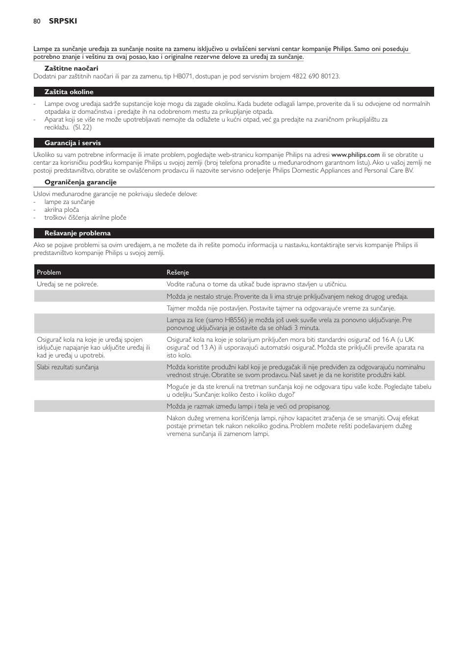 Zaštitne naočari, Zaštita okoline, Garancija i servis | Ograničenja garancije, Rešavanje problema | Philips HB554 User Manual | Page 80 / 88