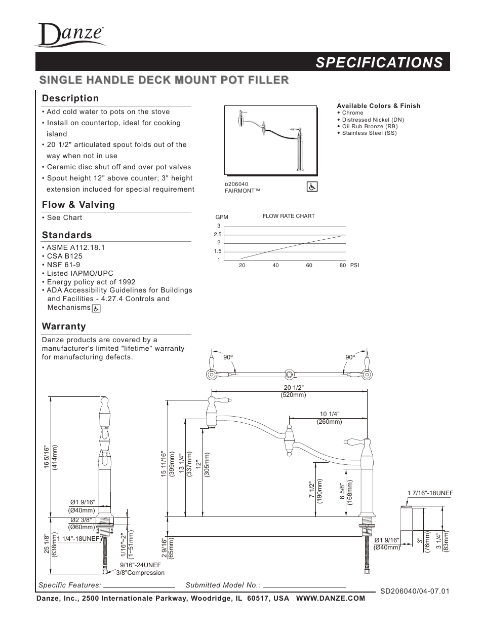 Danze D206040 - Spec Sheets User Manual | 1 page